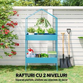 Outsunny Suport Ghivece pe 2 Niveluri din Metal în Formă de Casă, Raft pentru Plante cu Cârlig pentru Interior și Exterior, 75x35x150 cm, Verde Albastru | Aosom Romania