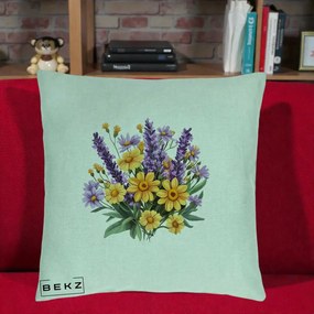 Perna Decorativa Lavanda cu Margarete Galbene si Lila, 40x40 cm, Verde Menta, Husa Detasabila, Perna Inclusa, BEKZ®