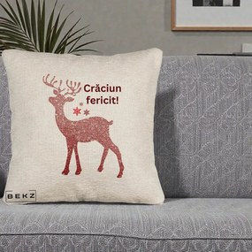 Perna Decorativa Ren Sclipitor Glitter Craciun Fericit, 40x40 cm, Bej Canapea, Husa Detasabila, Perna Inclusa, BEKZ®
