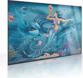 Tablou pe sticlă - Sirenă cu delfini (70x50 cm)