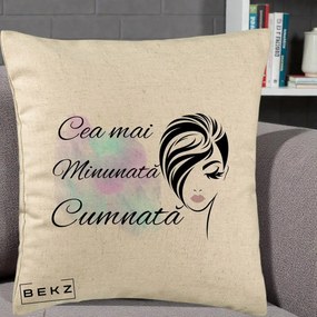 Cadou pentru Cumnata - Perna Personalizata Cea mai Minunata Cumnata cu Silueta Dama si Pete Multicolor, 40x40 cm, Bej, Husa Detasabila, Perna Inclusa, BEKZ®