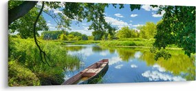 Tablou cu râu de vară și barcă (120x50 cm)