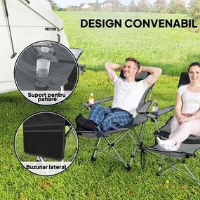 Outsunny Set de 2 Scaune de Camping Pliabile cu Suport pentru Picioare Detașabil, 82x100x88 cm, Negru | Aosom Romania
