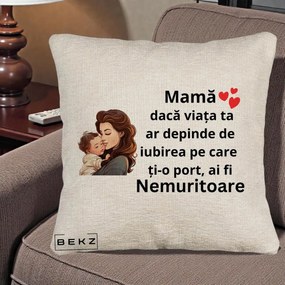 Cadou pentru Mama - Perna Personalizata Mama Nemuritoare cu Bebelus Lineart, 40x40 cm, Bej Canapea, Husa Detasabila, Perna Inclusa, BEKZ®