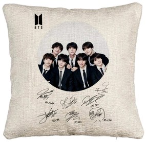 Perna Decorativa Canapea BTS Army in Costum cu Semnaturi, 40x40 cm, Cu fermoar