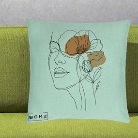 Perna Decorativa Portret Feminin Mac Profilat, 40x40 cm, Verde Menta, Husa Detasabila, Perna Inclusa, BEKZ®