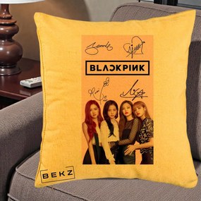 Perna Personalizata K-pop BLACKPINK Semnaturi si Foto, 40x40 cm, Galben, Husa Detasabila, Perna Inclusa, BEKZ®