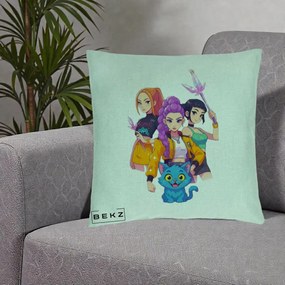 Perna Personalizata K-pop HUNTRX Trio cu Pisica si Cristale, 40x40 cm, Verde Menta, Husa Detasabila, Perna Inclusa, BEKZ®