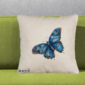 Perna Decorativa Fluture Albastru Satin cu Pete Aurii, 40x40 cm, Bej Canapea, Husa Detasabila, Perna Inclusa, BEKZ®