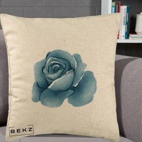 Perna Decorativa Trandafir Albastru Acuarela, 40x40 cm, Bej, Husa Detasabila, Perna Inclusa, BEKZ®