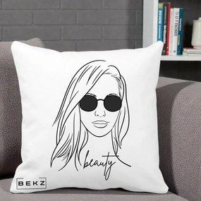 Perna Decorativa Beauty Girl Line Art, 40x40 cm, Alba Mata, Husa Detasabila, Perna Inclusa, BEKZ®