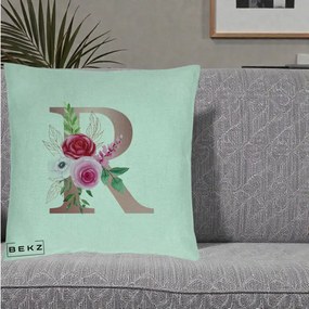 Cadou Personalizat - Perna Personalizata Monograma Rose Gold Litera R, 40x40 cm, Verde Menta, Husa Detasabila, Perna Inclusa, BEKZ®
