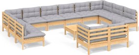 vidaXL Set mobilier grădină cu perne, 13 piese, gri, lemn de pin