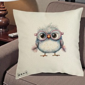 Perna Decorativa Pui Pufos cu Ochelari Roz, 40x40 cm, Ecru, Husa Detasabila, Perna Inclusa, BEKZ®