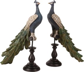 Statuetă decorativă din polirășină, albastru, păun pe bază, finisaj antichizat, 41 x 26 x 11 cm, „Paon”