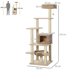 PawHut Săculeț de zgâriat din ratan cu căsuță pentru pisici Săculeț de pisici cu mai multe etaje Kletterbaum pentru pisici E1 MDF Sisal Bej+Maro 55 x 55 x 174 cm | Aosom Romania