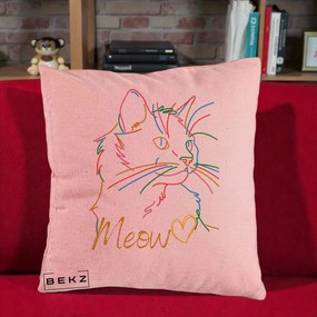 Perna Personalizata Pisica Meow Arta Linie Colorata, 40x40 cm, Roz, Husa Detasabila, Perna Inclusa, BEKZ®