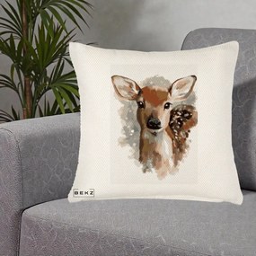 Perna Decorativa Caprioara Pui Acuarela, 40x40 cm, Crem Reliefat, Husa Detasabila, Perna Inclusa, BEKZ®