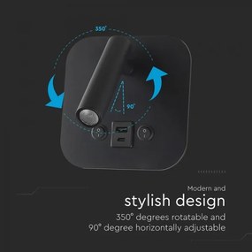 Aplica spot LED de perete cu port USB, 8W, 230V, 3000K, negru