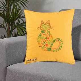 Perna Decorativa Pisica Florala Acuarela, 40x40 cm, Galben, Husa Detasabila, Perna Inclusa, BEKZ®