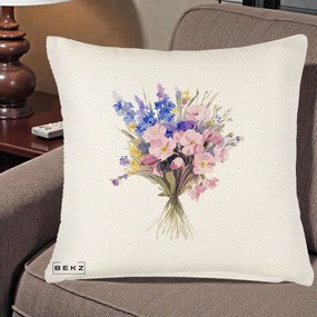 Perna Decorativa Buchet Floral Acuarela Primavara, 40x40 cm, Crem Reliefat, Husa Detasabila, Perna Inclusa, BEKZ®