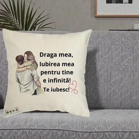 Cadou pentru Iubita - Perna Personalizata Draga Mea Iubirea Mea Infinita Te Iubesc cu Cuplu Acuarela, 40x40 cm, Ecru, Husa Detasabila, Perna Inclusa, BEKZ®