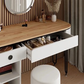SEA808 - Set Masa toaleta 120 cm, cosmetica, machiaj, oglinda cu LED, masuta vanity - Alb - Negru - Culoarea Stejar