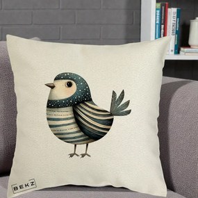 Perna Decorativa Pasare Teal Decorativa Dungata, 40x40 cm, Ecru, Husa Detasabila, Perna Inclusa, BEKZ®
