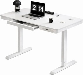 Birou Electric Reglabil pe Înălțime cu Sertar Ascuns, Încărcare Wireless & USB, Senzor de siguranță, 140x60, Alb