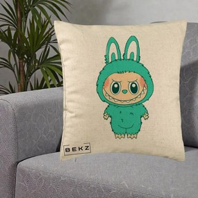 Perna Personalizata Labubu Turcoaz, 40x40 cm, Bej, Husa Detasabila, Perna Inclusa, BEKZ®