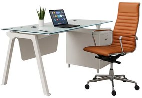 Set birou modern cu blat din sticlă și scaun ergonomic din piele ecologică &ndash; Design premium, eleganță și confort