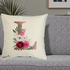 Cadou Personalizat - Perna Personalizata Monograma Rose Gold Litera L, 40x40 cm, Ecru, Husa Detasabila, Perna Inclusa, BEKZ®