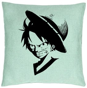 Perna Decorativa cu One piece Luffy Black, 40x40 cm, Verde Menta, Husa Detasabila, Burduf