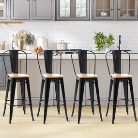 HOMCOM, Set de 4 taburete de bar, stil industrial, cu spătar, suport pentru picioare, înălțime 76 cm, Negru | Aosom Romania