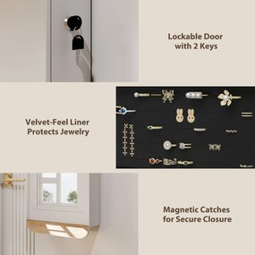 HOMCOM Dulap pentru Bijuterii Montabil pe Perete cu Oglindă Internă și LED-uri, Înălțime 120 cm, Economisire Spațiu, Sertare, Încuietoare și Cheie, Poliță Rabatabilă, Alb și Negru | Aosom Romania