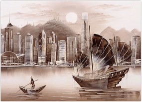 Tablou - Victoria Harbour, Hong Kong, efect sepia (70x50 cm)