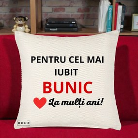 Cadou pentru Bunic - Perna Personalizata Pentru Cel Mai Iubit Bunic La Multi Ani Rosu, 40x40 cm, Crem Reliefat, Husa Detasabila, Perna Inclusa, BEKZ®