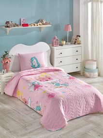Set cuvertura pat UNICORN DREAMS, roz, bumbac/poliester, 160x220 cm, c
