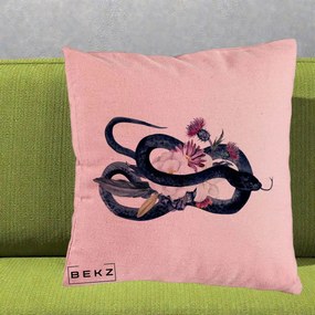 Perna Decorativa Sarpe Negru cu Flori Gothic, 40x40 cm, Roz, Husa Detasabila, Perna Inclusa, BEKZ®