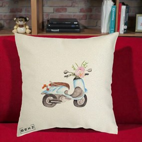 Perna Decorativa Scuter Albastru cu Flori Acuarela, 40x40 cm, Ecru, Husa Detasabila, Perna Inclusa, BEKZ®