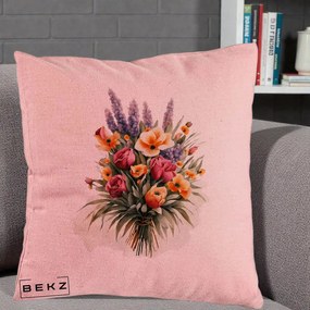 Perna Decorativa Buchet Mixt Acuarela Lavanda-Trandafiri, 40x40 cm, Roz, Husa Detasabila, Perna Inclusa, BEKZ®