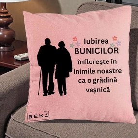 Cadou pentru Bunici - Perna Personalizata Bunicii Iubirea Infloreste Silueta Neagra Flori, 40x40 cm, Roz, Husa Detasabila, Perna Inclusa, BEKZ®