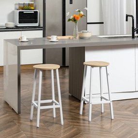Set 2 scaune de bar HOMCOM, de bucatarie cu suport pentru picioare, alb natural | Aosom Romania