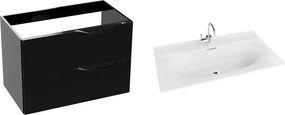 Set dulap baza suspendat Rune Asger 2 sertare 80 cm negru lucios si lavoar alb
