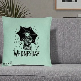 Perna Personalizata Wednesday cu Umbrela Ploaie Lineart, 40x40 cm, Verde Menta, Husa Detasabila, Perna Inclusa, BEKZ®