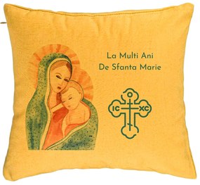 Perna Decorativa, Model La multi ani de Sfanta Maria, 40x40 cm, Galben, Husa Detasabila, Burduf