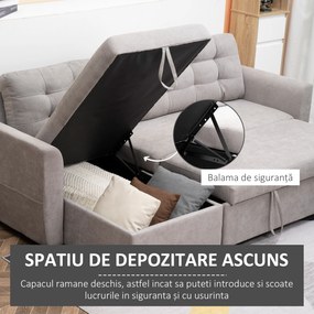 Canapea Extensibila pe Colt cu 3 Locuri si Compartiment de Depozitare, Tapiterie Efect In, Spatar cu perne 217x134x85cm, Gri HOMCOM | Aosom Romania