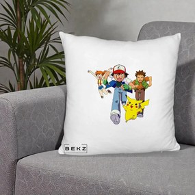 Perna Personalizata Pokemon Ash Misty Brock si Pikachu, 40x40 cm, Alb Pufos, Husa Detasabila, Perna Inclusa, BEKZ®