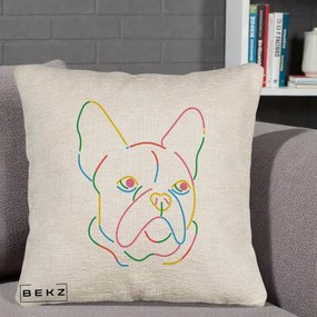 Perna Decorativa Bulldog Francez Line Art Curcubeu, 40x40 cm, Bej Canapea, Husa Detasabila, Perna Inclusa, BEKZ®