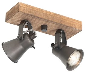 Spotlight rustic negru cu lemn 2 lumini reglabile - Jelle